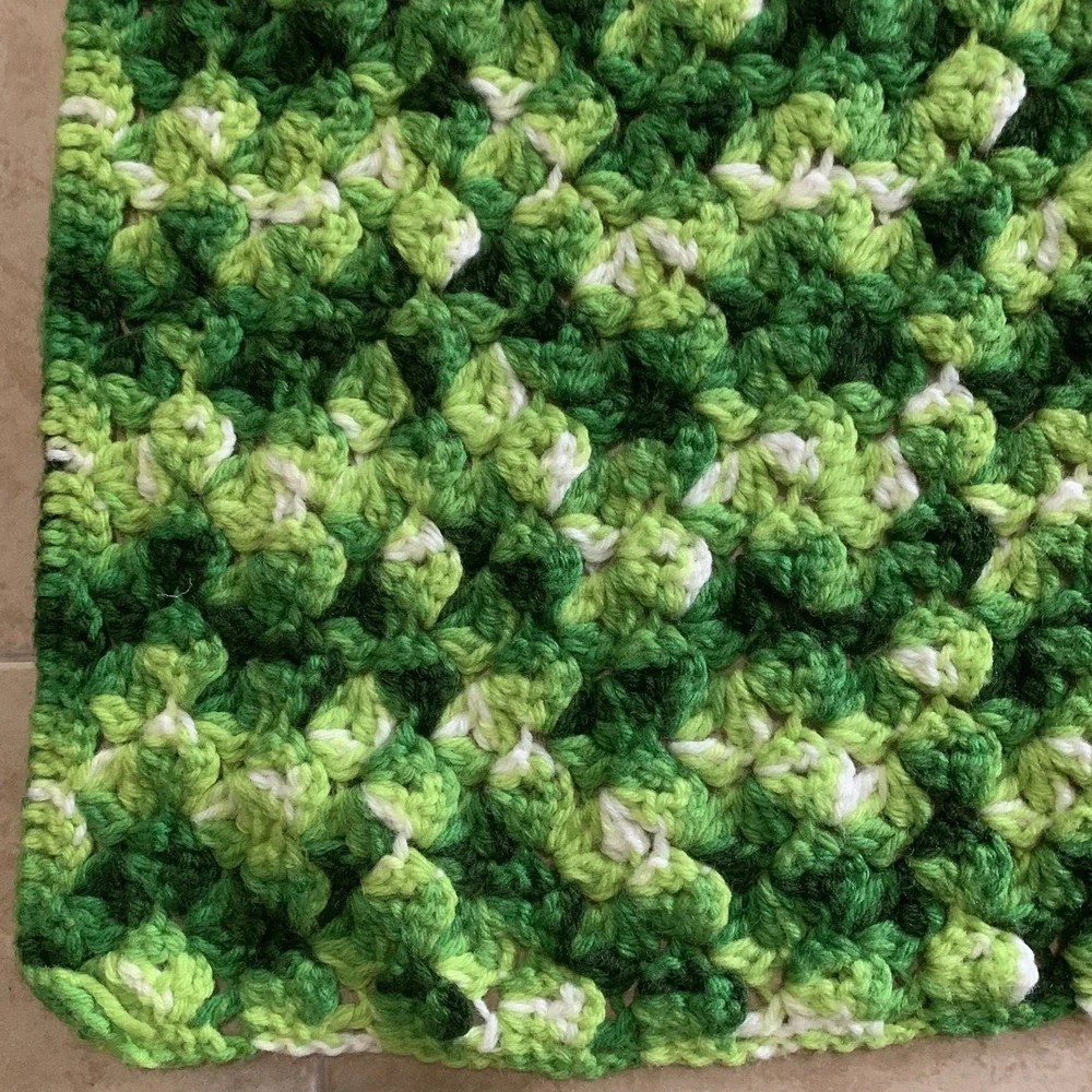 Handmade Crochet Afghan Throw 84x49 Shades Of Green White Textured Squares